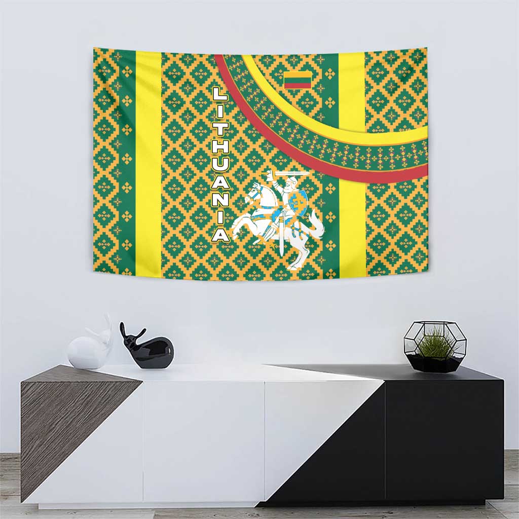 Lithuania Knight Pattern Tapestry with Traditional Green Yellow Red Design and Vytis Emblem - Wonder Print Shop