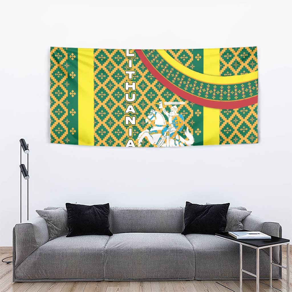 Lithuania Knight Pattern Tapestry with Traditional Green Yellow Red Design and Vytis Emblem - Wonder Print Shop