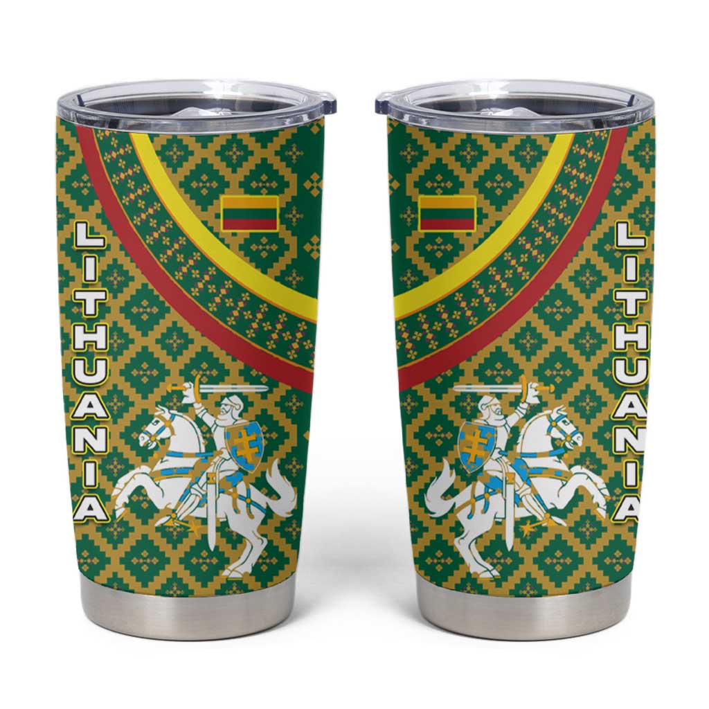 Lithuania Knight Pattern Tumbler Cup with Traditional Green Yellow Red Design and Vytis Emblem - Wonder Print Shop