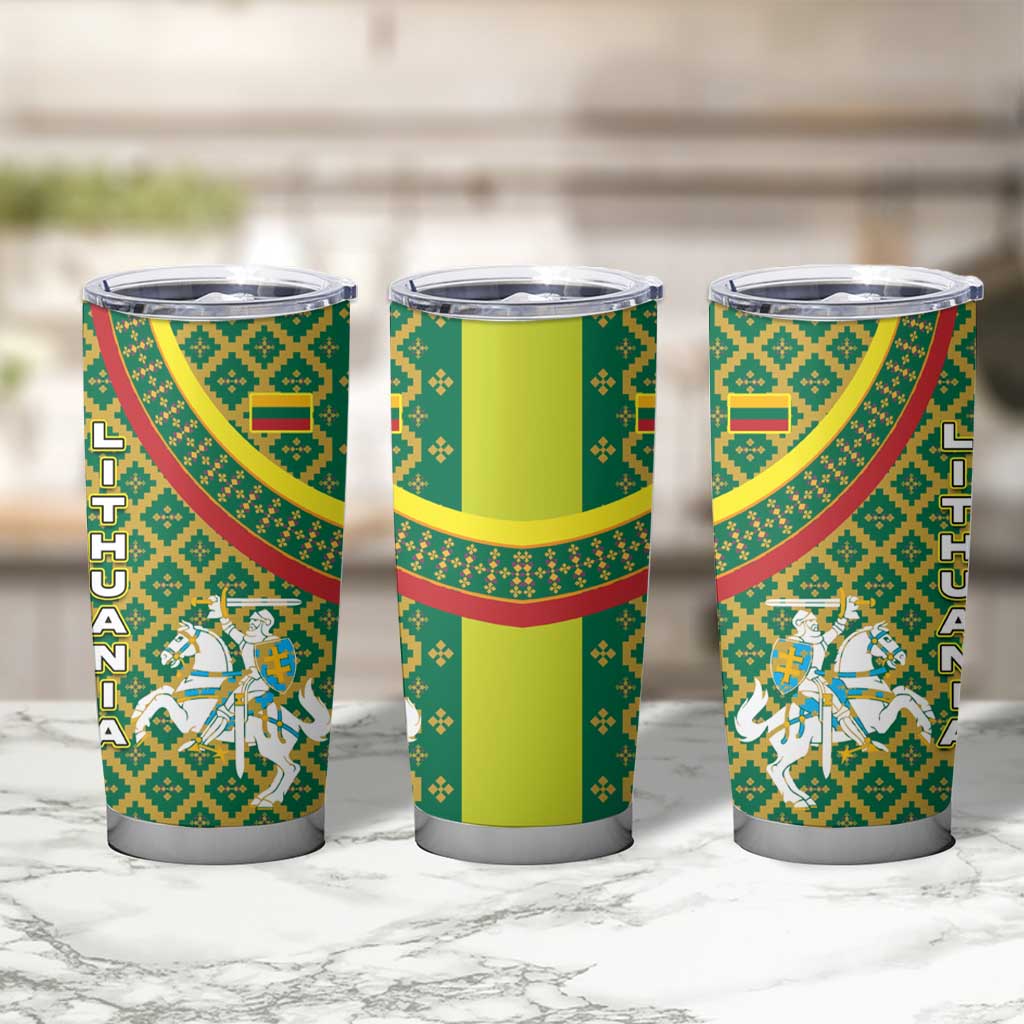 Lithuania Knight Pattern Tumbler Cup with Traditional Green Yellow Red Design and Vytis Emblem - Wonder Print Shop