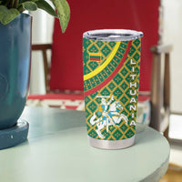 Lithuania Knight Pattern Tumbler Cup with Traditional Green Yellow Red Design and Vytis Emblem - Wonder Print Shop