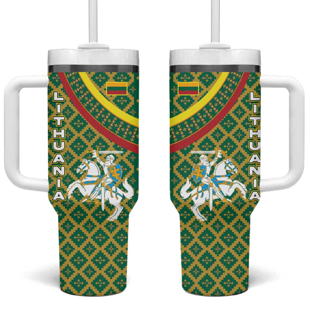 Lithuania Knight Pattern Tumbler With Handle with Traditional Green Yellow Red Design and Vytis Emblem - Wonder Print Shop
