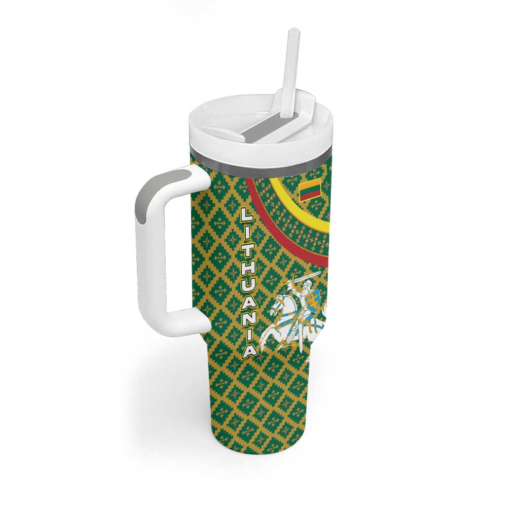 Lithuania Knight Pattern Tumbler With Handle with Traditional Green Yellow Red Design and Vytis Emblem - Wonder Print Shop