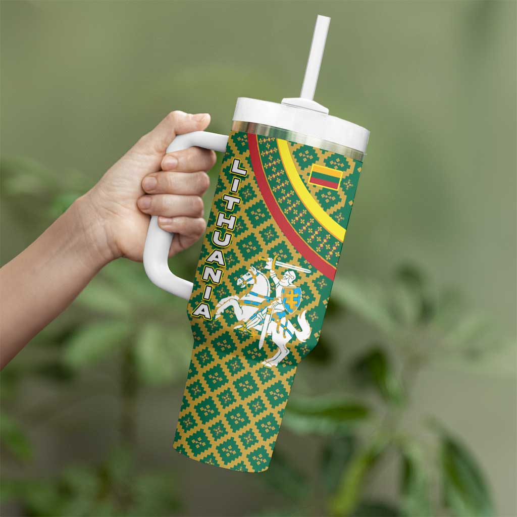 Lithuania Knight Pattern Tumbler With Handle with Traditional Green Yellow Red Design and Vytis Emblem - Wonder Print Shop
