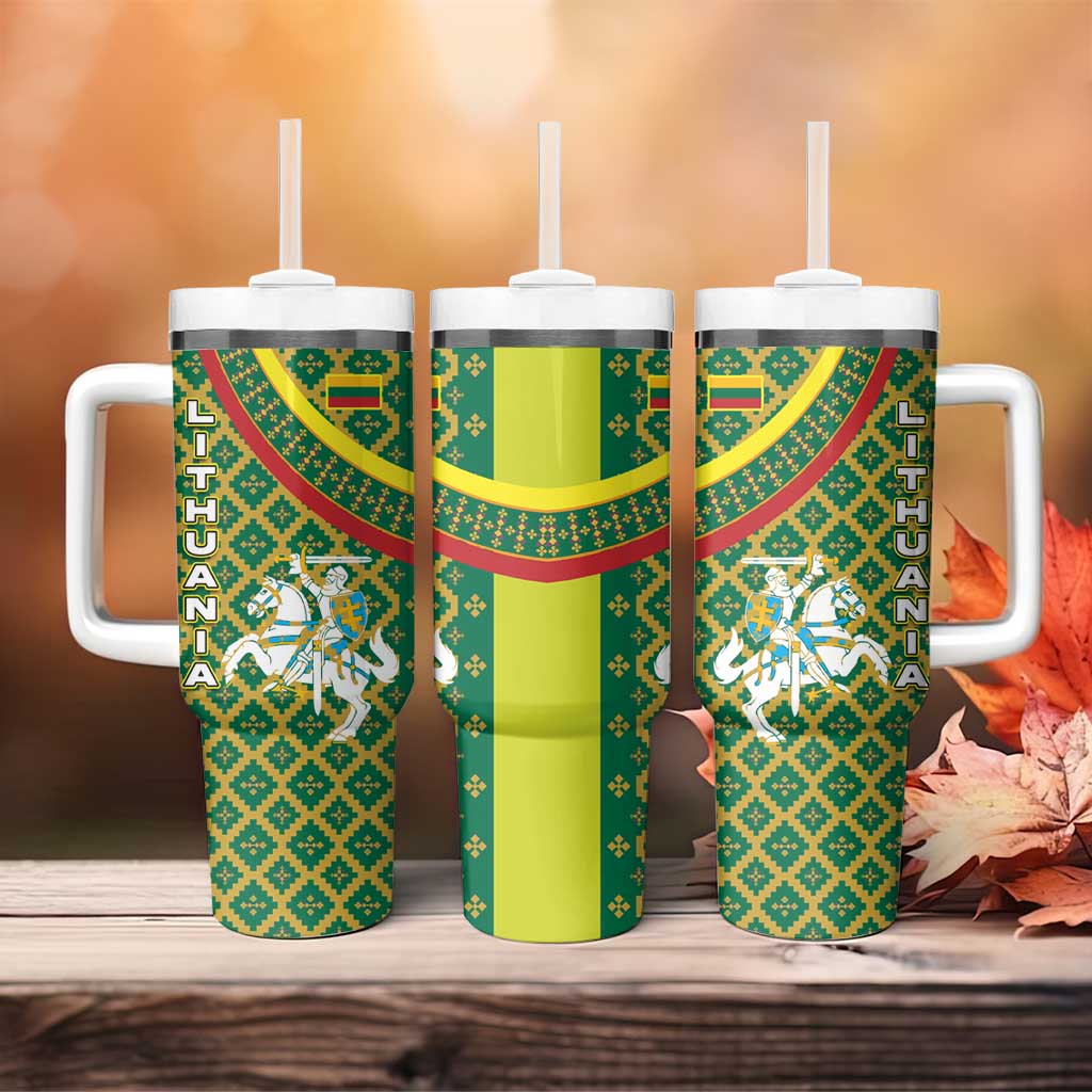Lithuania Knight Pattern Tumbler With Handle with Traditional Green Yellow Red Design and Vytis Emblem - Wonder Print Shop