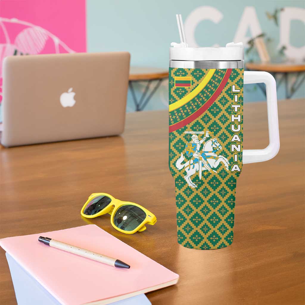 Lithuania Knight Pattern Tumbler With Handle with Traditional Green Yellow Red Design and Vytis Emblem - Wonder Print Shop