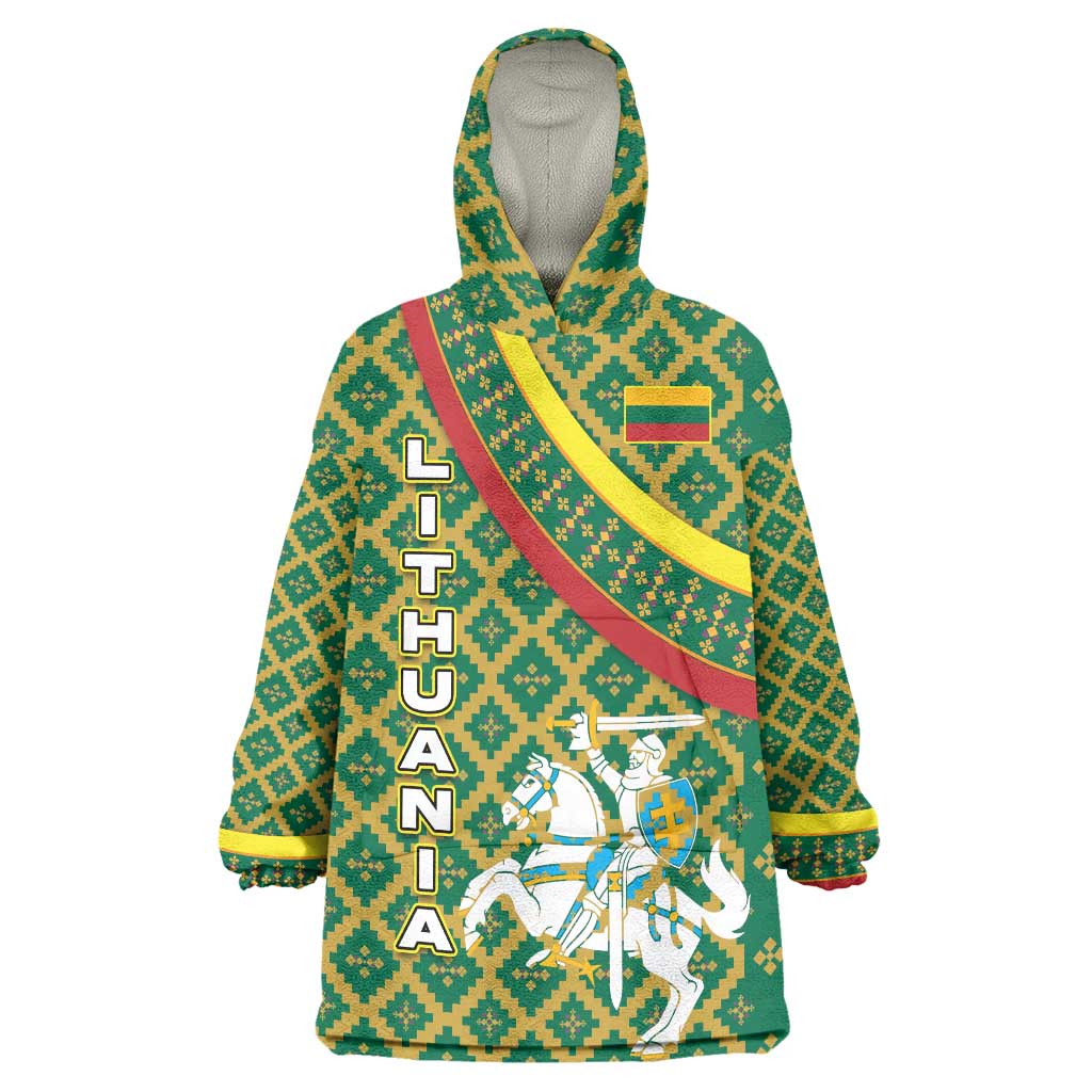 Lithuania Knight Pattern Wearable Blanket Hoodie with Traditional Green Yellow Red Design and Vytis Emblem - Wonder Print Shop