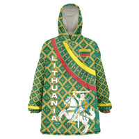 Lithuania Knight Pattern Wearable Blanket Hoodie with Traditional Green Yellow Red Design and Vytis Emblem - Wonder Print Shop