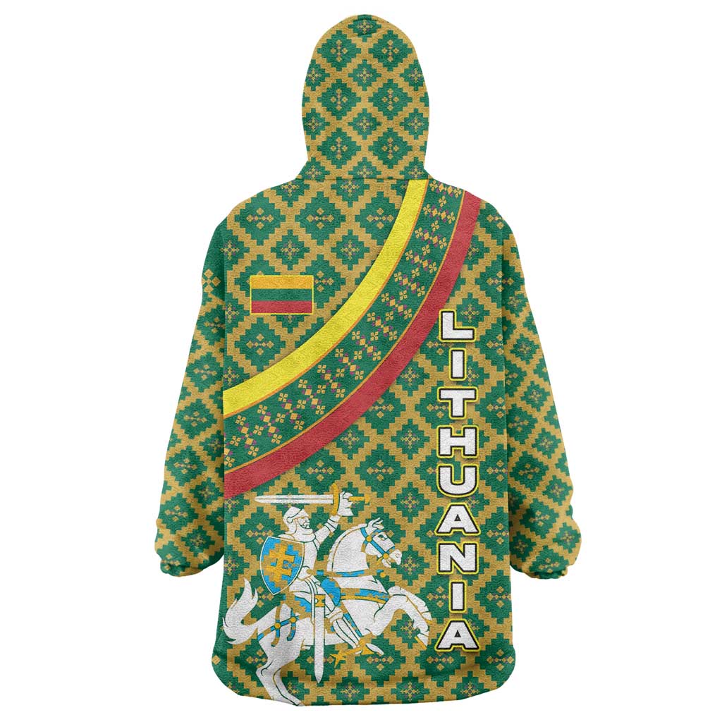 Lithuania Knight Pattern Wearable Blanket Hoodie with Traditional Green Yellow Red Design and Vytis Emblem - Wonder Print Shop