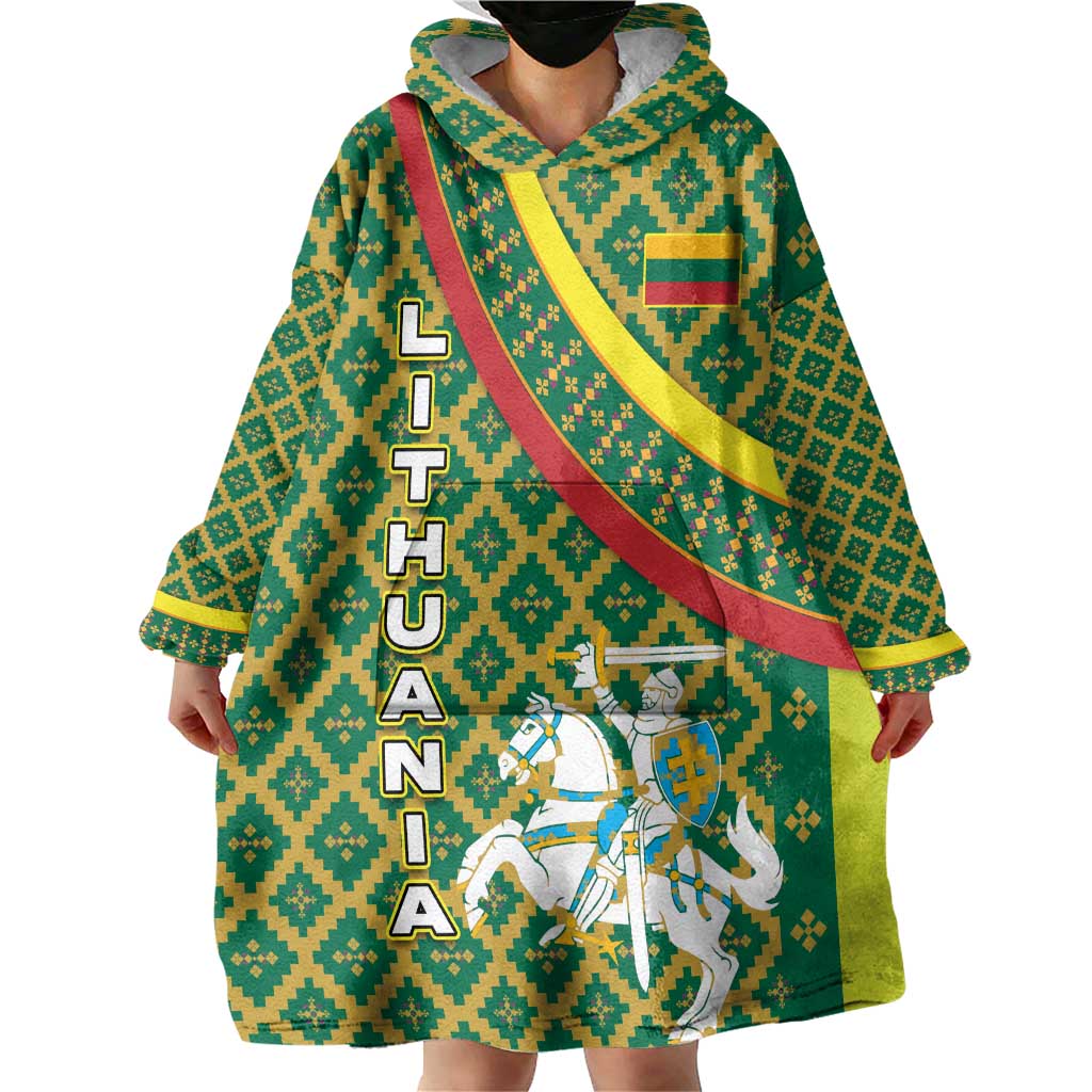 Lithuania Knight Pattern Wearable Blanket Hoodie with Traditional Green Yellow Red Design and Vytis Emblem - Wonder Print Shop