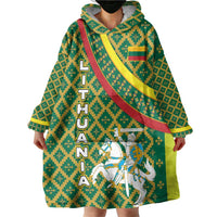 Lithuania Knight Pattern Wearable Blanket Hoodie with Traditional Green Yellow Red Design and Vytis Emblem - Wonder Print Shop