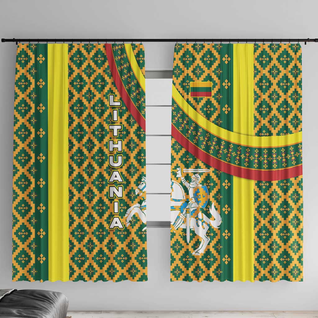 Lithuania Knight Pattern Window Curtain with Traditional Green Yellow Red Design and Vytis Emblem - Wonder Print Shop