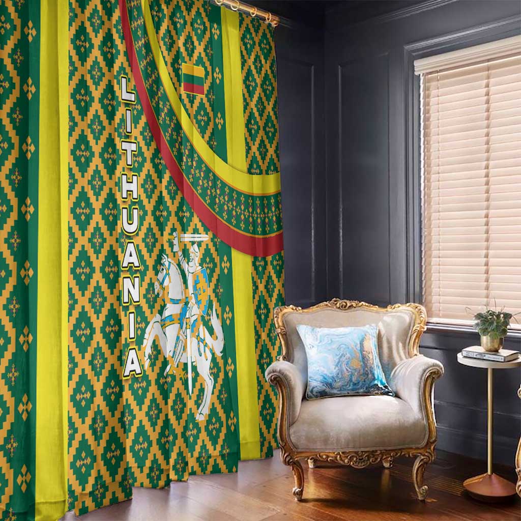 Lithuania Knight Pattern Window Curtain with Traditional Green Yellow Red Design and Vytis Emblem - Wonder Print Shop