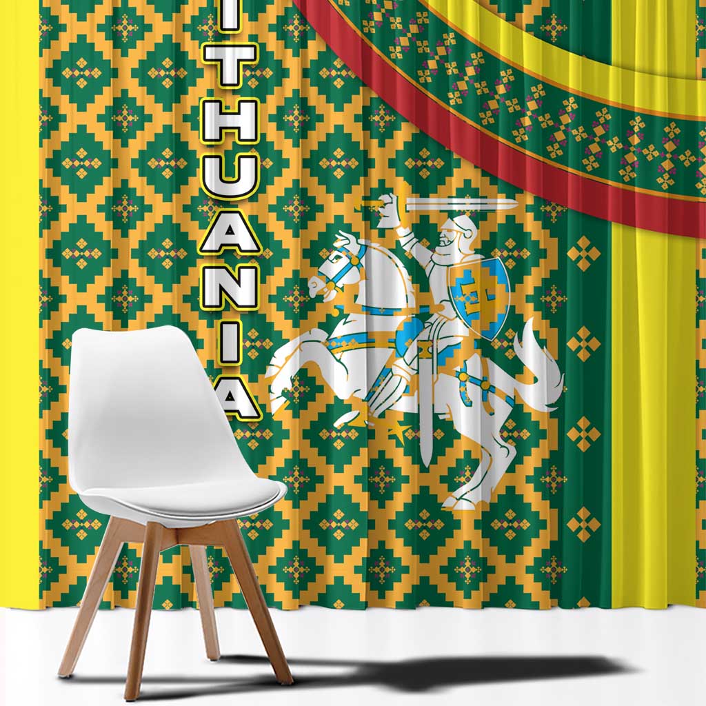Lithuania Knight Pattern Window Curtain with Traditional Green Yellow Red Design and Vytis Emblem - Wonder Print Shop
