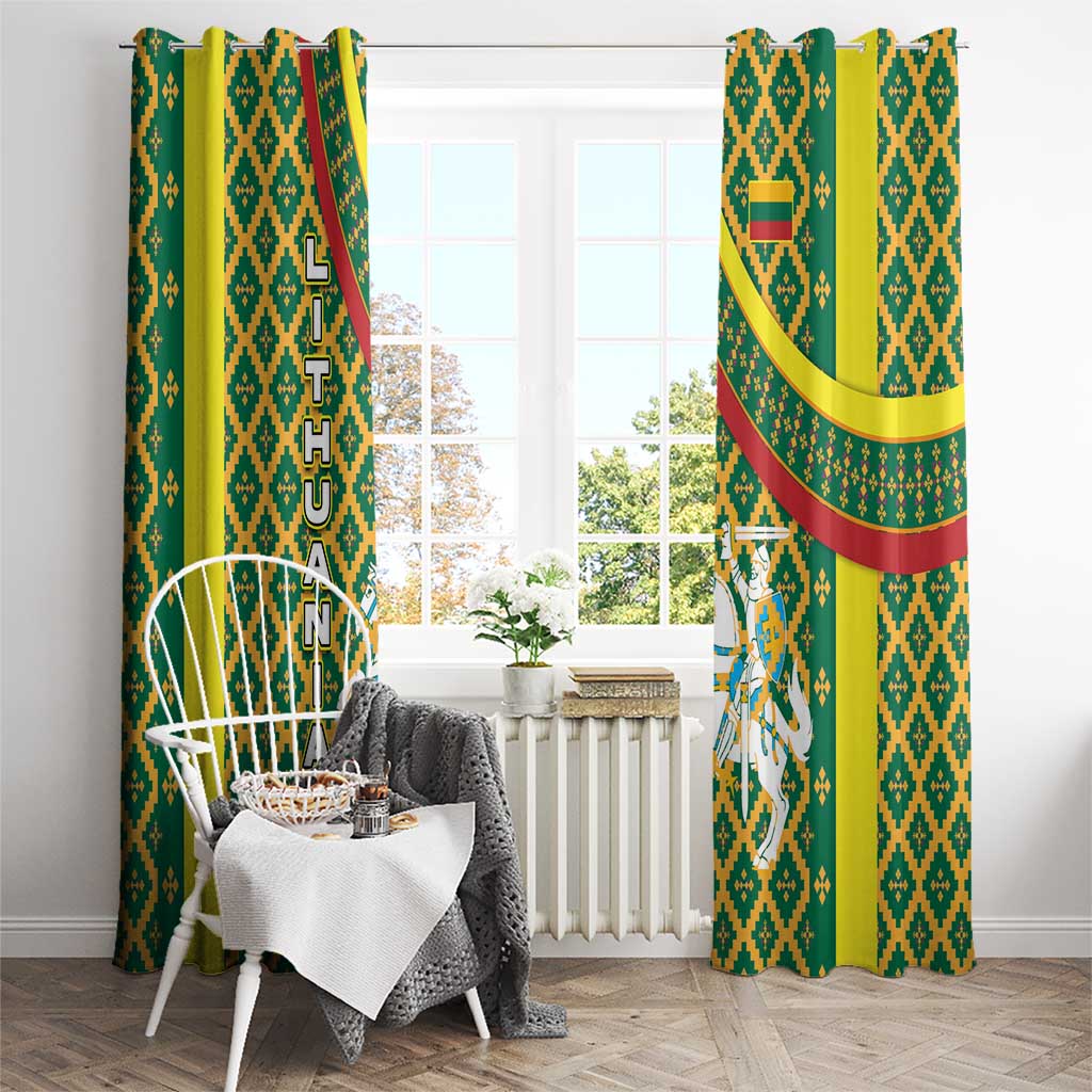 Lithuania Knight Pattern Window Curtain with Traditional Green Yellow Red Design and Vytis Emblem - Wonder Print Shop