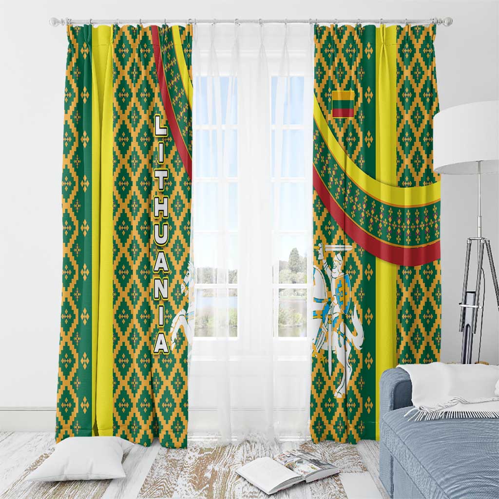 Lithuania Knight Pattern Window Curtain with Traditional Green Yellow Red Design and Vytis Emblem - Wonder Print Shop
