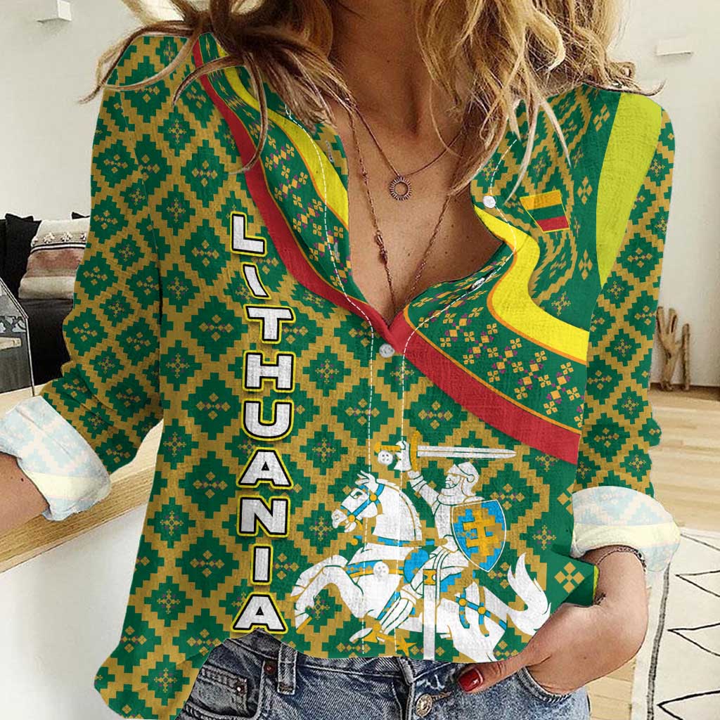 Lithuania Knight Pattern Women Casual Shirt with Traditional Green Yellow Red Design and Vytis Emblem - Wonder Print Shop