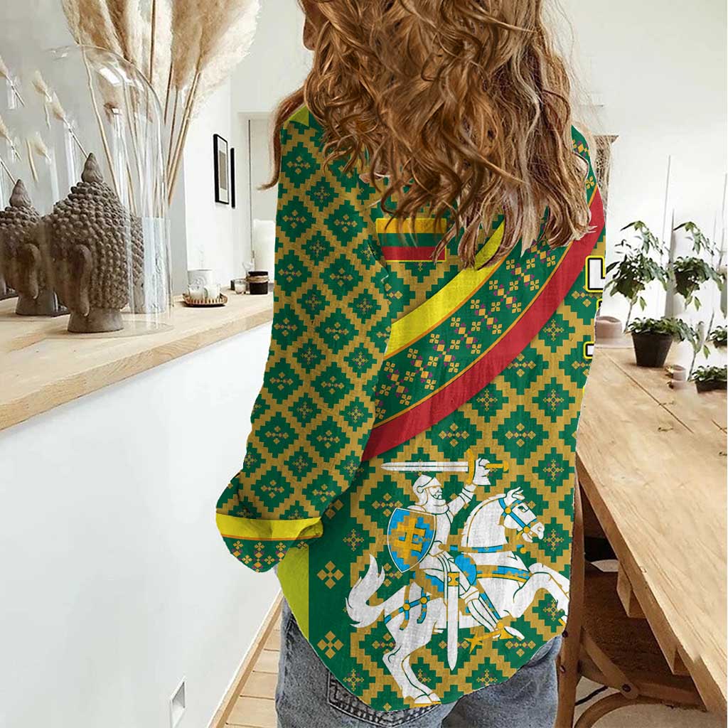 Lithuania Knight Pattern Women Casual Shirt with Traditional Green Yellow Red Design and Vytis Emblem - Wonder Print Shop