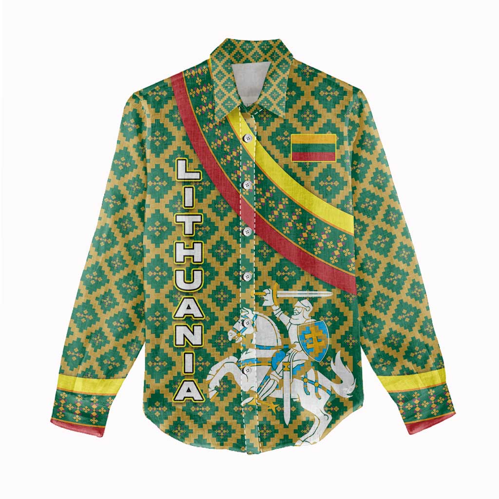 Lithuania Knight Pattern Women Casual Shirt with Traditional Green Yellow Red Design and Vytis Emblem - Wonder Print Shop