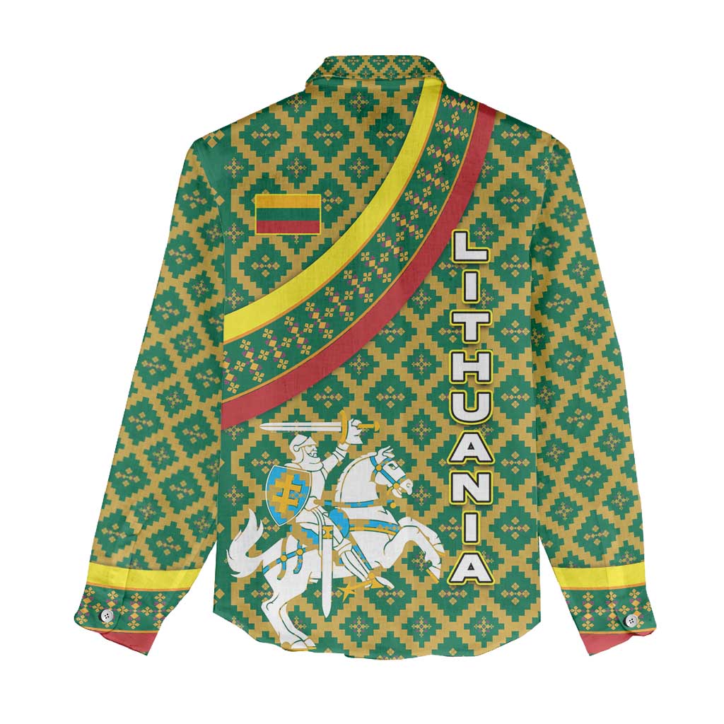 Lithuania Knight Pattern Women Casual Shirt with Traditional Green Yellow Red Design and Vytis Emblem - Wonder Print Shop