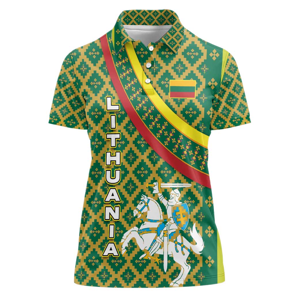 Lithuania Knight Pattern Women Polo Shirt with Traditional Green Yellow Red Design and Vytis Emblem - Wonder Print Shop