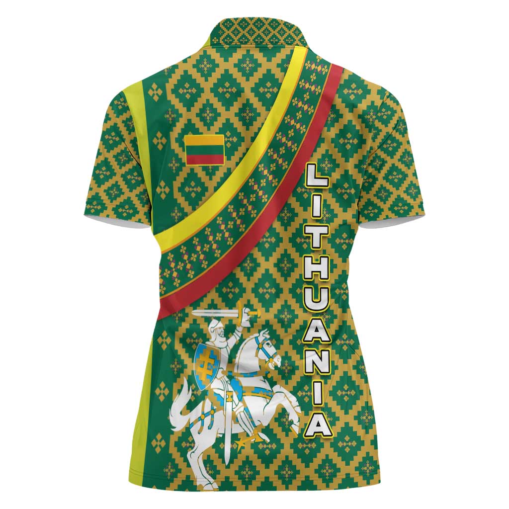 Lithuania Knight Pattern Women Polo Shirt with Traditional Green Yellow Red Design and Vytis Emblem - Wonder Print Shop