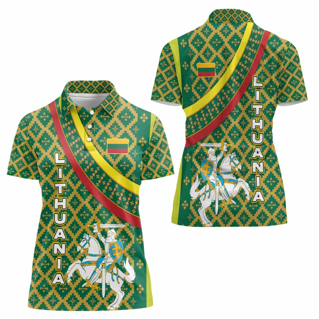 Lithuania Knight Pattern Women Polo Shirt with Traditional Green Yellow Red Design and Vytis Emblem - Wonder Print Shop