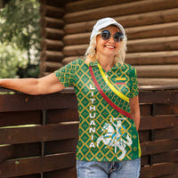 Lithuania Knight Pattern Women Polo Shirt with Traditional Green Yellow Red Design and Vytis Emblem - Wonder Print Shop