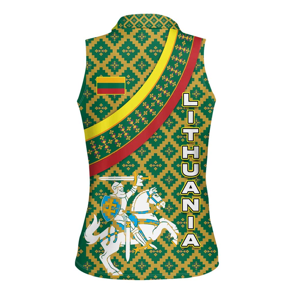 Lithuania Knight Pattern Women Sleeveless Polo Shirt with Traditional Green Yellow Red Design and Vytis Emblem - Wonder Print Shop