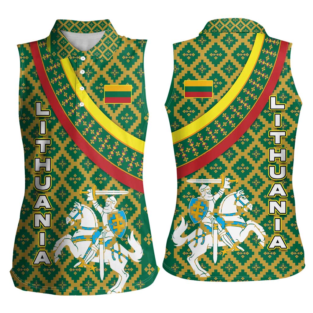 Lithuania Knight Pattern Women Sleeveless Polo Shirt with Traditional Green Yellow Red Design and Vytis Emblem - Wonder Print Shop