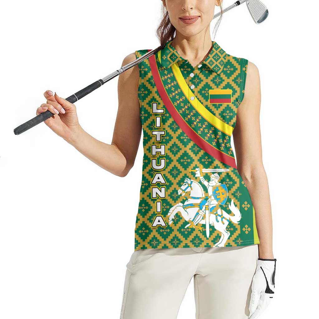 Lithuania Knight Pattern Women Sleeveless Polo Shirt with Traditional Green Yellow Red Design and Vytis Emblem - Wonder Print Shop