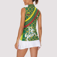Lithuania Knight Pattern Women Sleeveless Polo Shirt with Traditional Green Yellow Red Design and Vytis Emblem - Wonder Print Shop