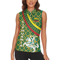 Lithuania Knight Pattern Women Sleeveless Polo Shirt with Traditional Green Yellow Red Design and Vytis Emblem - Wonder Print Shop