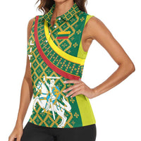 Lithuania Knight Pattern Women Sleeveless Polo Shirt with Traditional Green Yellow Red Design and Vytis Emblem - Wonder Print Shop