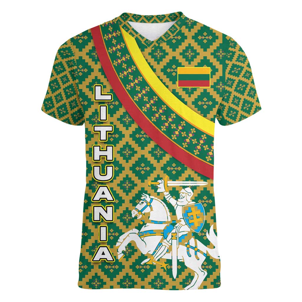 Lithuania Knight Pattern Women V-Neck T-Shirt with Traditional Green Yellow Red Design and Vytis Emblem - Wonder Print Shop