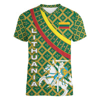 Lithuania Knight Pattern Women V-Neck T-Shirt with Traditional Green Yellow Red Design and Vytis Emblem - Wonder Print Shop