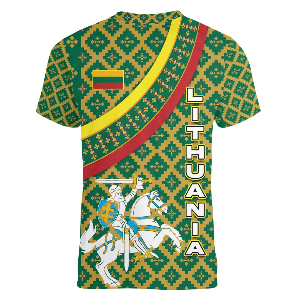Lithuania Knight Pattern Women V-Neck T-Shirt with Traditional Green Yellow Red Design and Vytis Emblem - Wonder Print Shop
