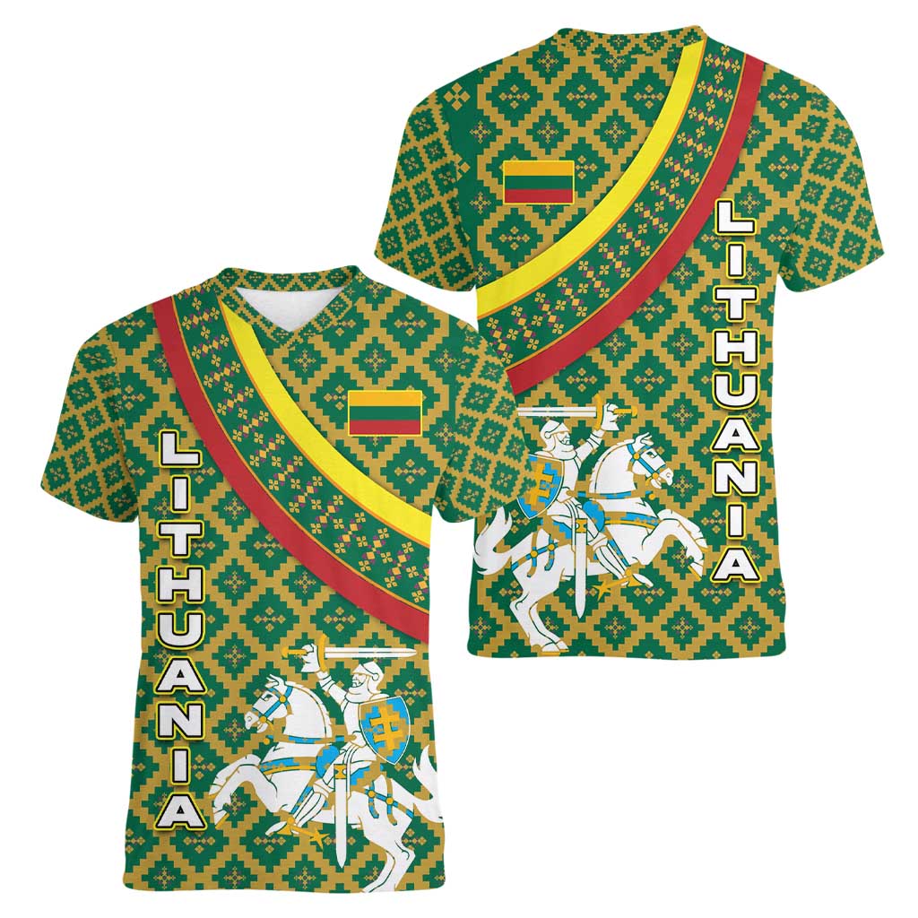 Lithuania Knight Pattern Women V-Neck T-Shirt with Traditional Green Yellow Red Design and Vytis Emblem - Wonder Print Shop