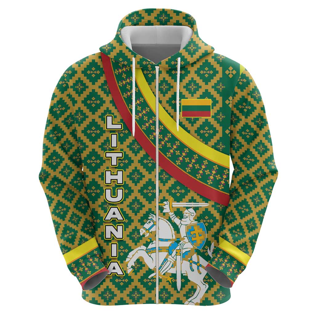 Lithuania Knight Pattern Zip Hoodie with Traditional Green Yellow Red Design and Vytis Emblem - Wonder Print Shop