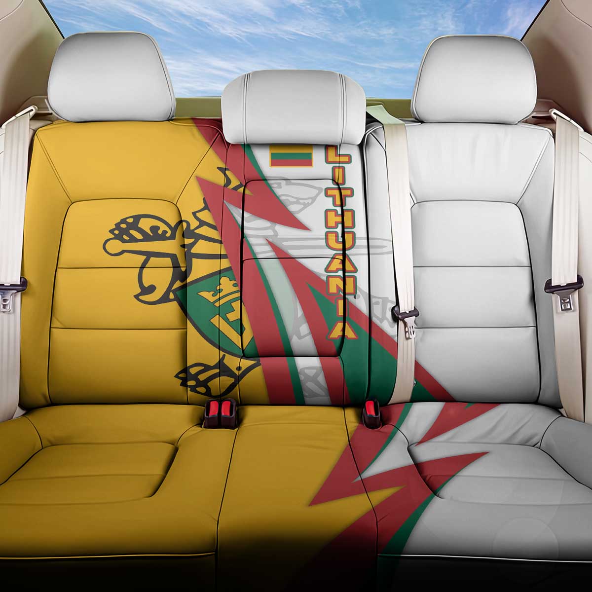 Lithuania Flag Colors Back Car Seat Cover with Vytis Knight Design and Bold Lightning Motif - Wonder Print Shop