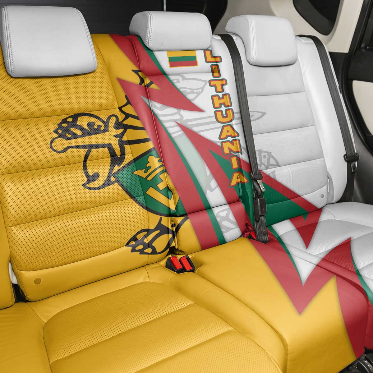 Lithuania Flag Colors Back Car Seat Cover with Vytis Knight Design and Bold Lightning Motif - Wonder Print Shop