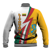 Lithuania Flag Colors Baseball Jacket with Vytis Knight Design and Bold Lightning Motif - Wonder Print Shop
