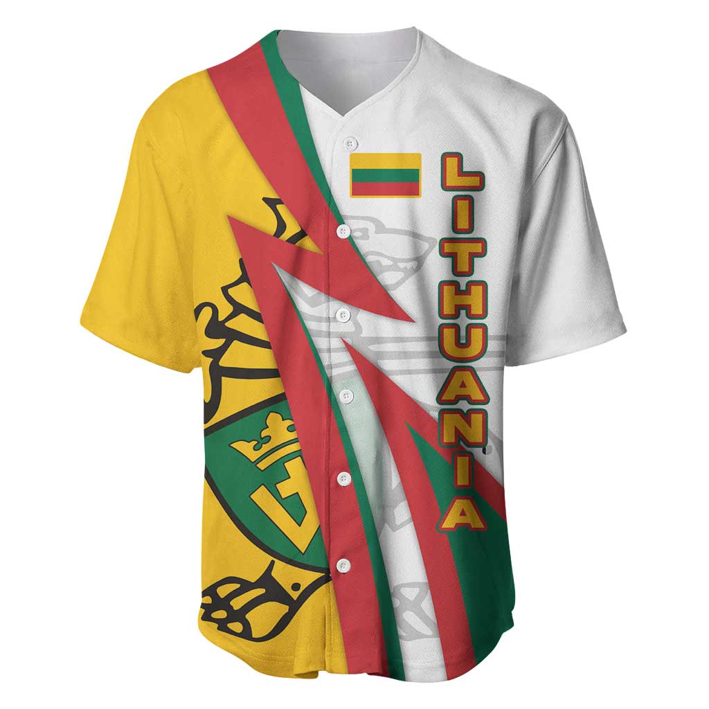 Lithuania Flag Colors Baseball Jersey with Vytis Knight Design and Bold Lightning Motif - Wonder Print Shop