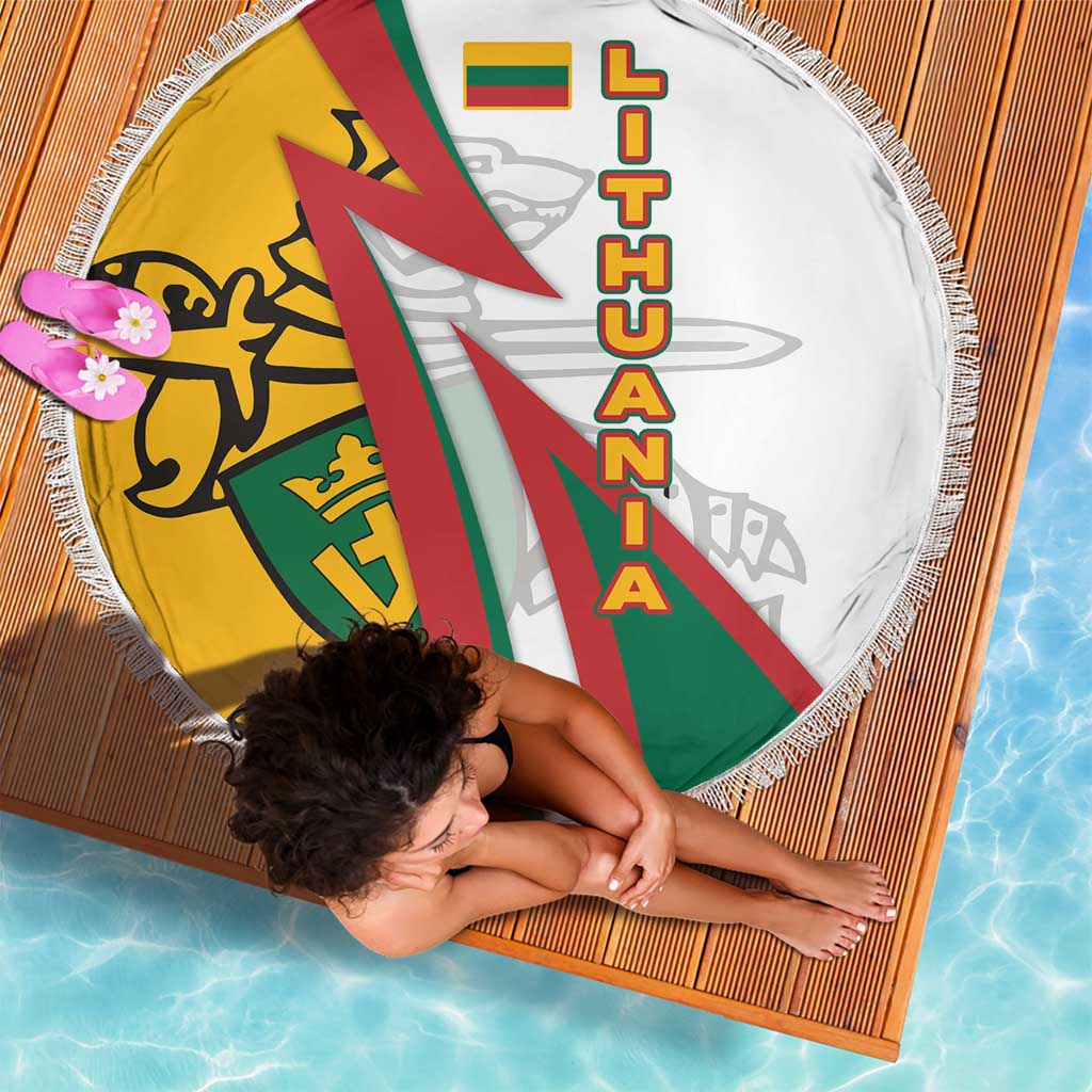 Lithuania Flag Colors Beach Blanket with Vytis Knight Design and Bold Lightning Motif - Wonder Print Shop