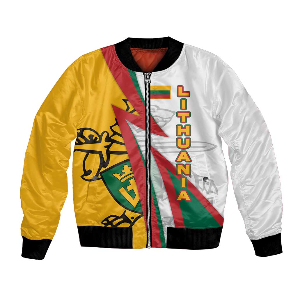 Lithuania Flag Colors Bomber Jacket with Vytis Knight Design and Bold Lightning Motif - Wonder Print Shop