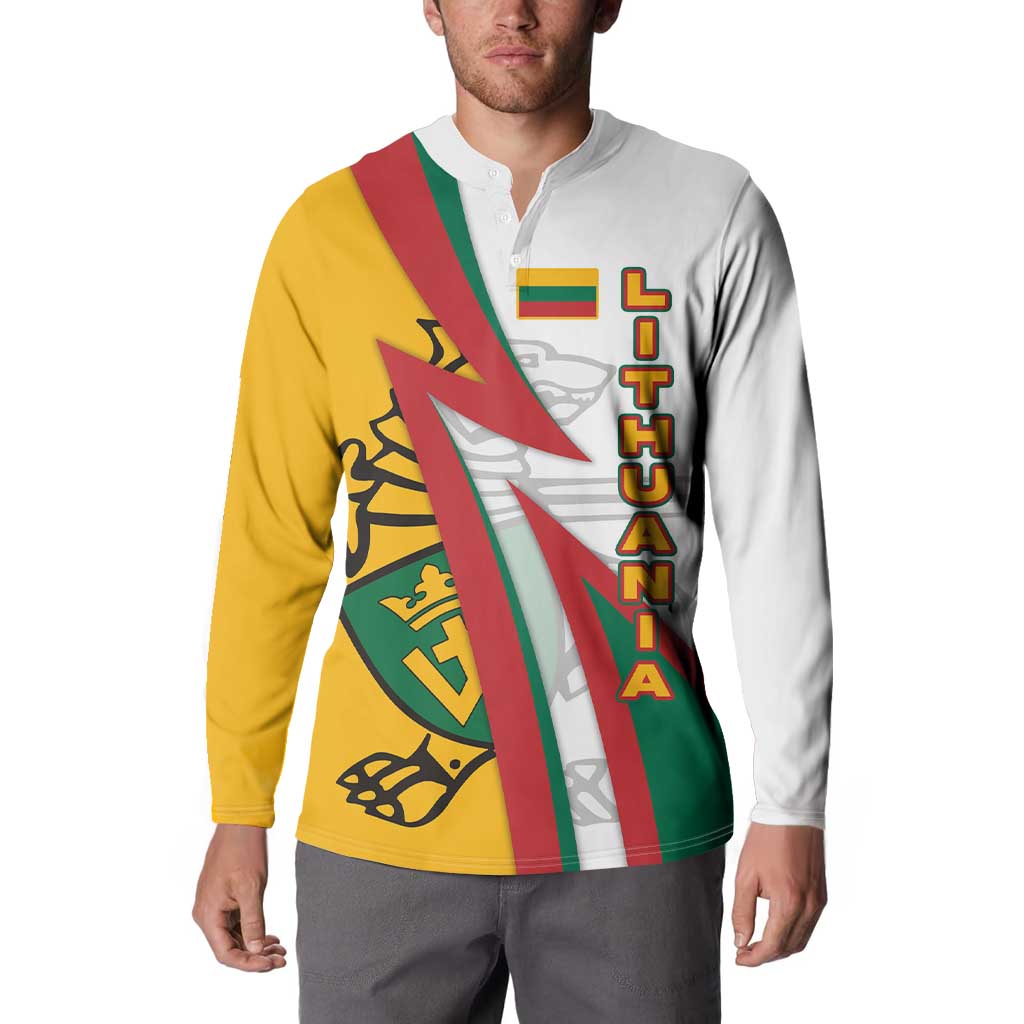 Lithuania Flag Colors Button Sweatshirt with Vytis Knight Design and Bold Lightning Motif - Wonder Print Shop