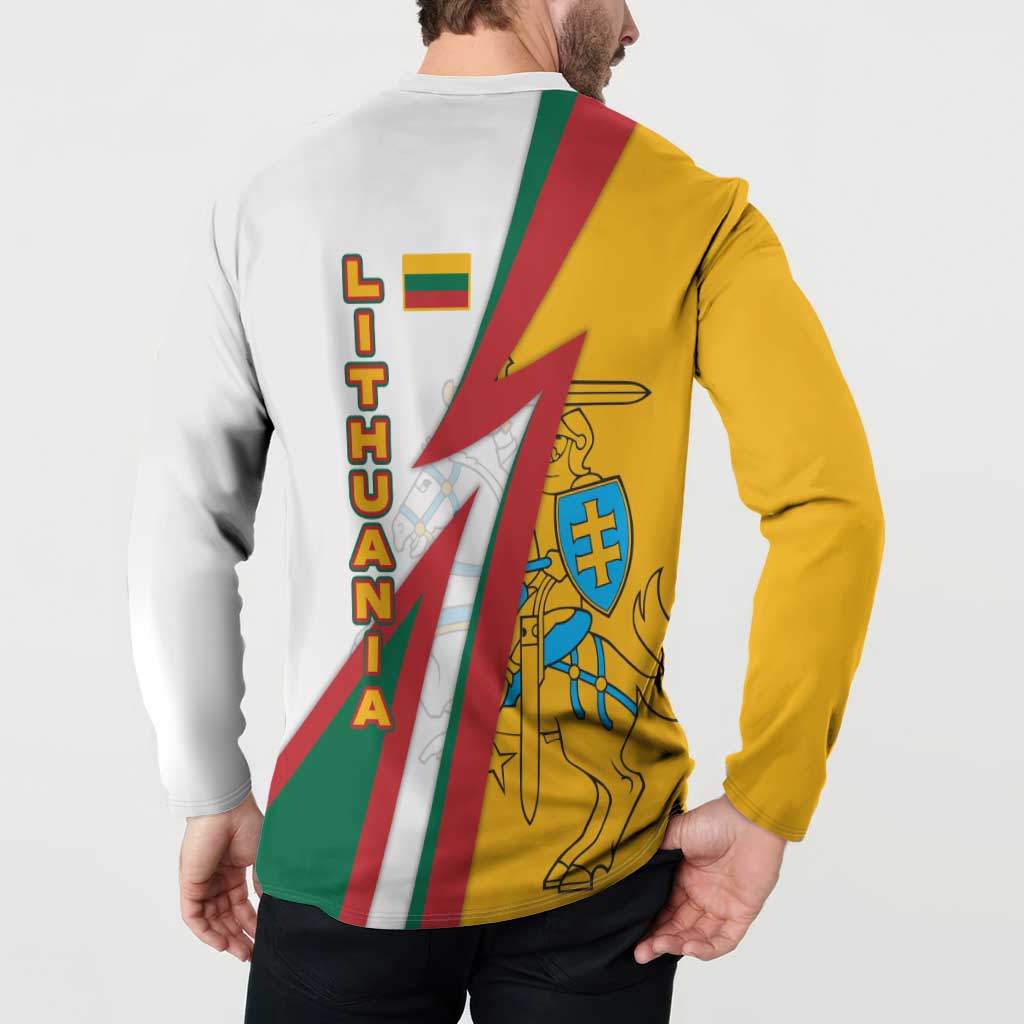 Lithuania Flag Colors Button Sweatshirt with Vytis Knight Design and Bold Lightning Motif - Wonder Print Shop