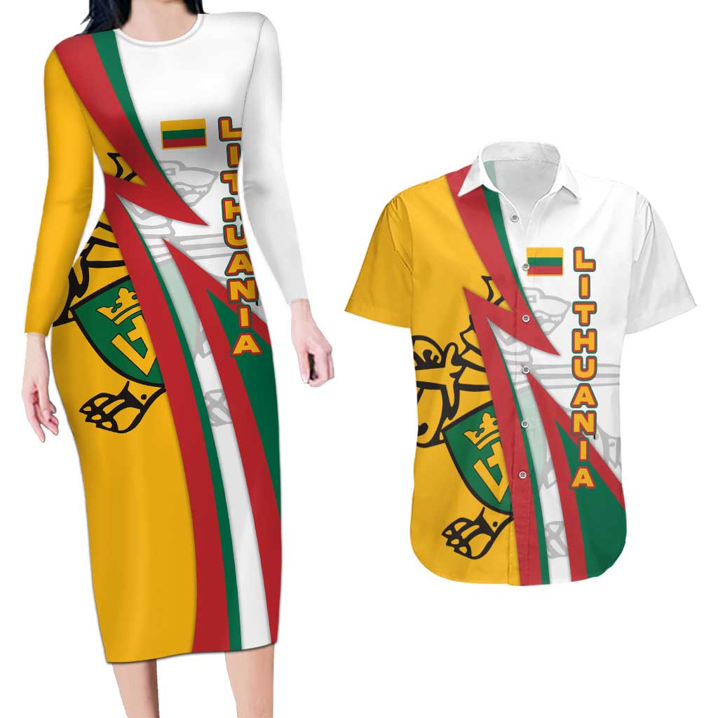 Lithuania Flag Colors Couples Matching Long Sleeve Bodycon Dress and Hawaiian Shirt with Vytis Knight Design and Bold Lightning Motif - Wonder Print Shop