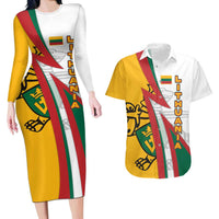 Lithuania Flag Colors Couples Matching Long Sleeve Bodycon Dress and Hawaiian Shirt with Vytis Knight Design and Bold Lightning Motif - Wonder Print Shop