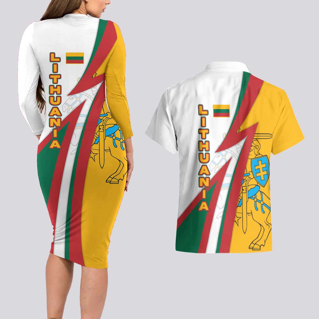 Lithuania Flag Colors Couples Matching Long Sleeve Bodycon Dress and Hawaiian Shirt with Vytis Knight Design and Bold Lightning Motif - Wonder Print Shop